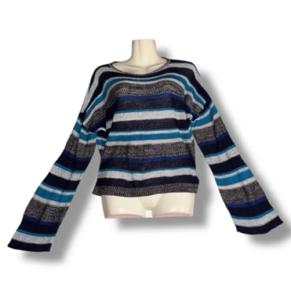 Alley & Gabby 212NY Y2K Vintage Sweater Blue Striped Cropped Bell Sleeves Size L